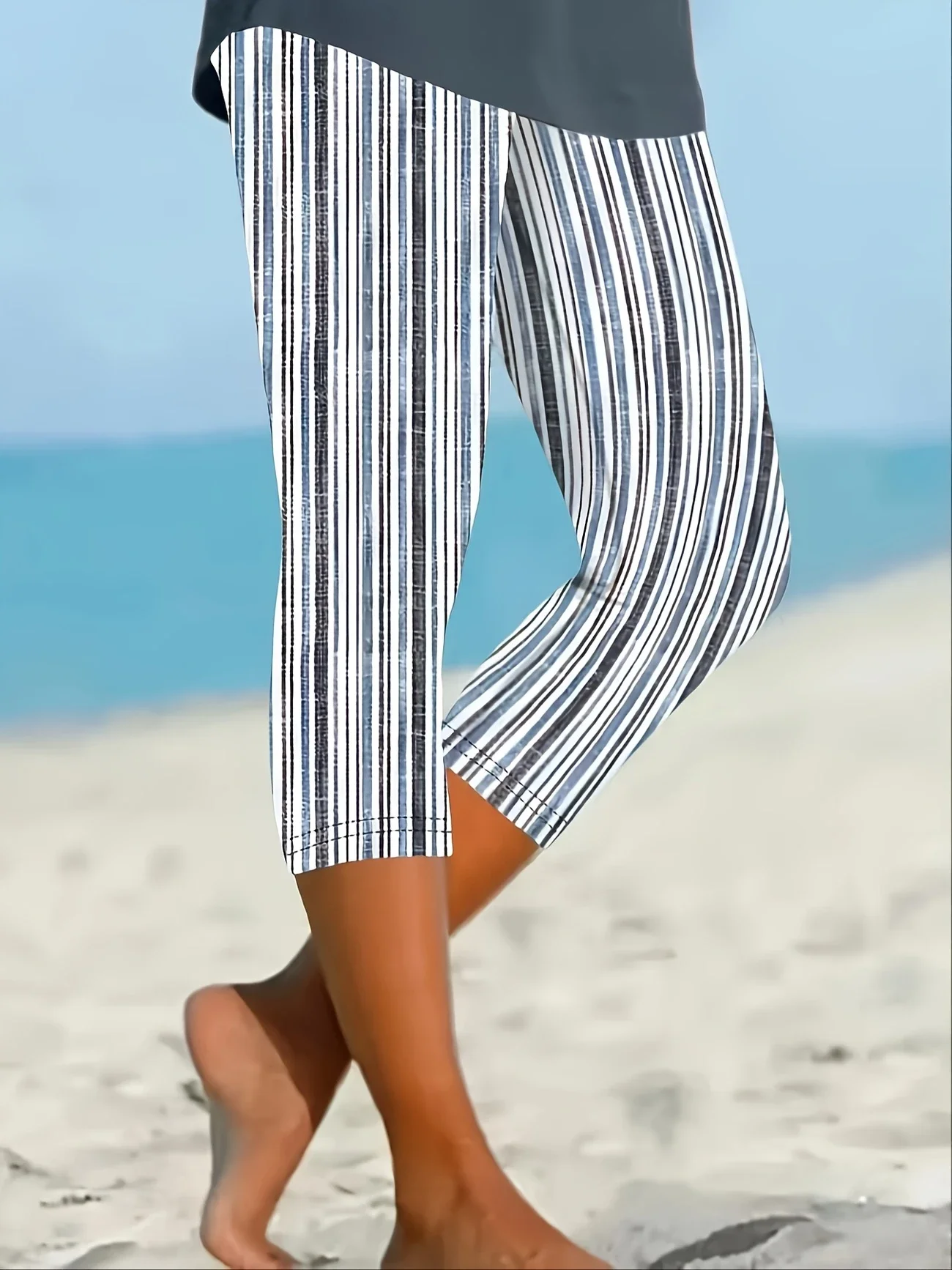 Women Striped Capris Elastic Waist Pants Casual Summer Trousers