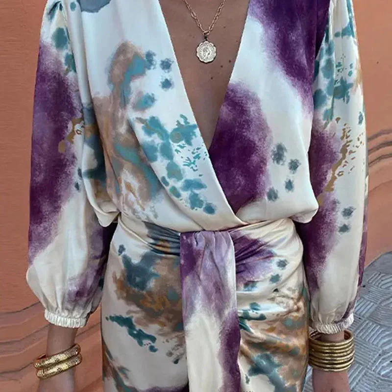 Women Floral Lace-up Two-Piece Set Daily Long Sleeve Casual Spring/Fall Top With Skirt Matching Set