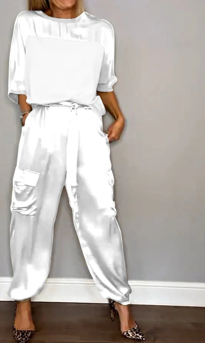 Women Plain Pocket Stitching Two-Piece Set Daily Half Sleeve Casual Summer Top With Pants Matching Set