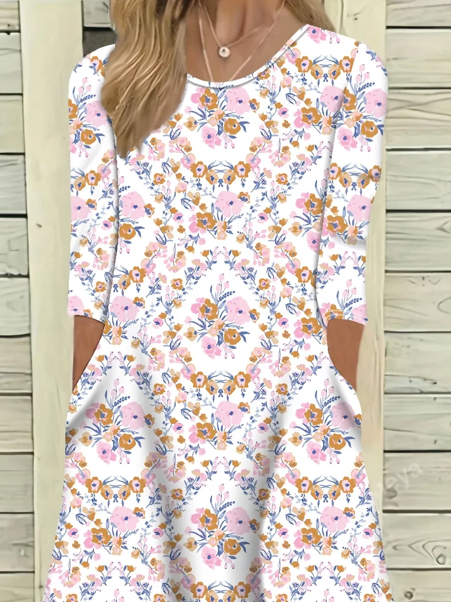 Women Floral Half Sleeve Summer Printing Dress Crew Neck Daily Casual Maxi A-Line Dress