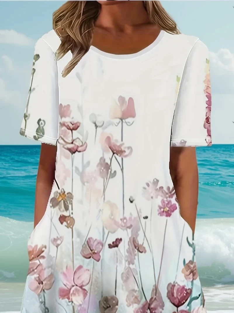 Women Floral Half Sleeve Summer Printing Dress Crew Neck Daily Casual Maxi A-Line Dress
