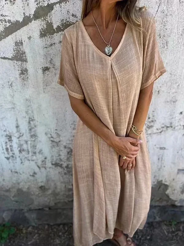 Women Plain Short Sleeve Summer Split Joint Dress V Neck Daily Vintage Maxi Tank A-Line Dress