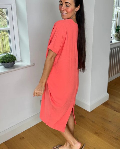 Women Plain Half Sleeve Summer Slit Dress V Neck Daily Casual Maxi Tank A-Line Dress