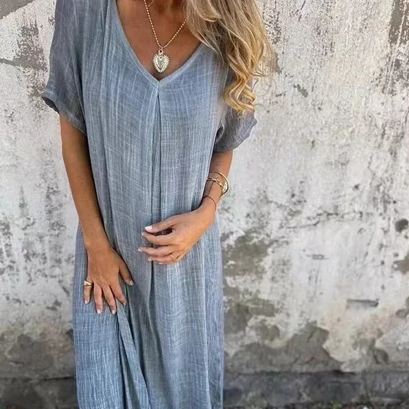 Women Plain Short Sleeve Summer Split Joint Dress V Neck Daily Vintage Maxi Tank A-Line Dress