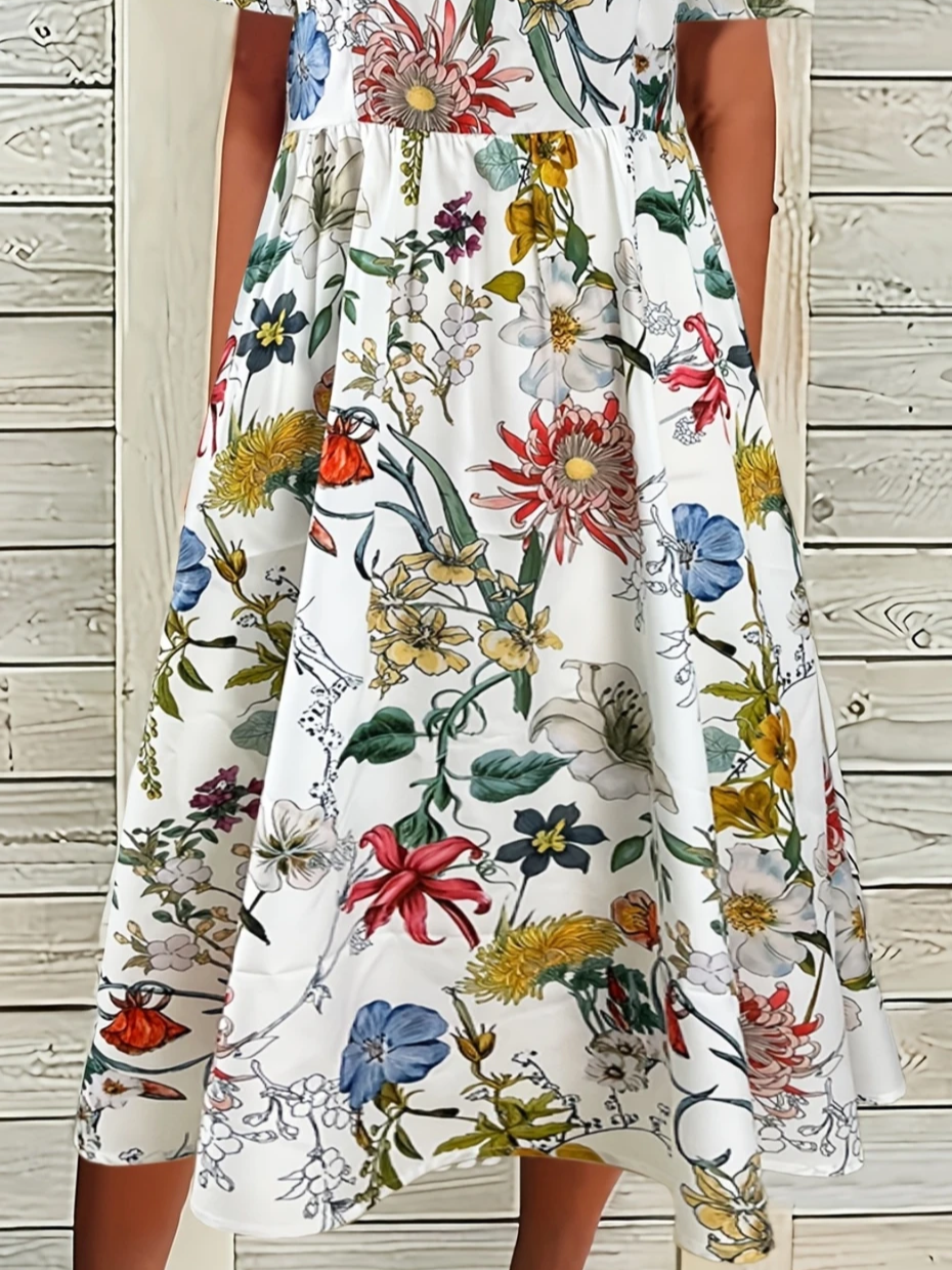 Women Floral Half Sleeve Summer Printing Dress Crew Neck Daily Casual Maxi A-Line Dress