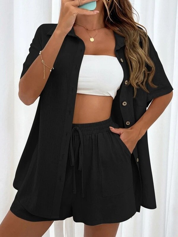 Women Plain Split Joint Two-Piece Set Daily Short Sleeve Casual Summer Top With Pants Matching Set