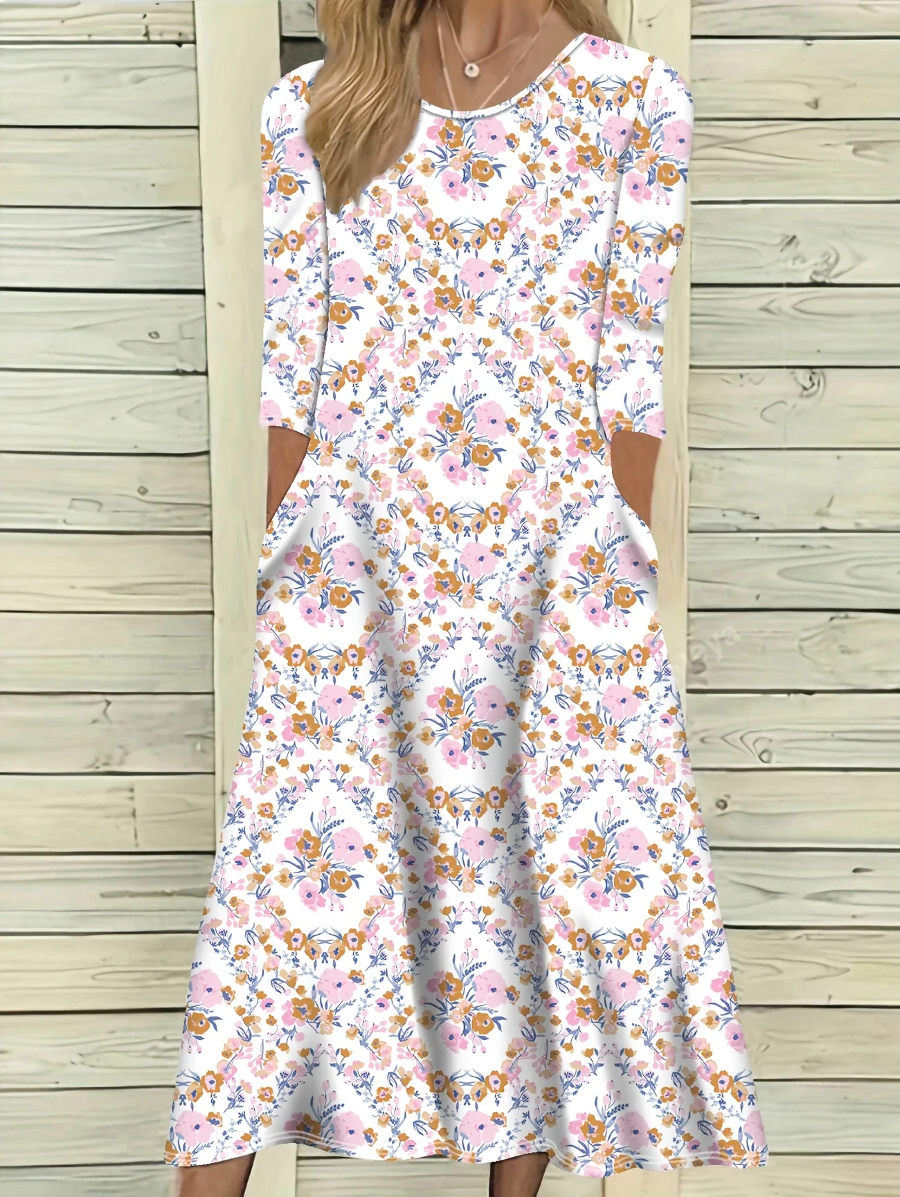 Women Floral Half Sleeve Summer Printing Dress Crew Neck Daily Casual Maxi A-Line Dress