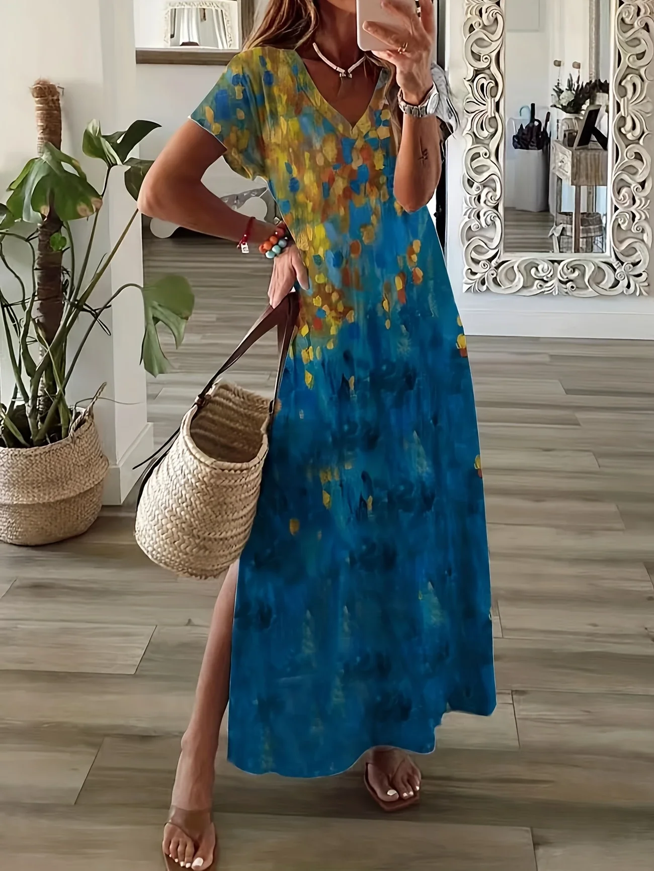 Women Abstract Short Sleeve Summer Printing Dress V Neck Daily Casual Maxi X-Line Dress