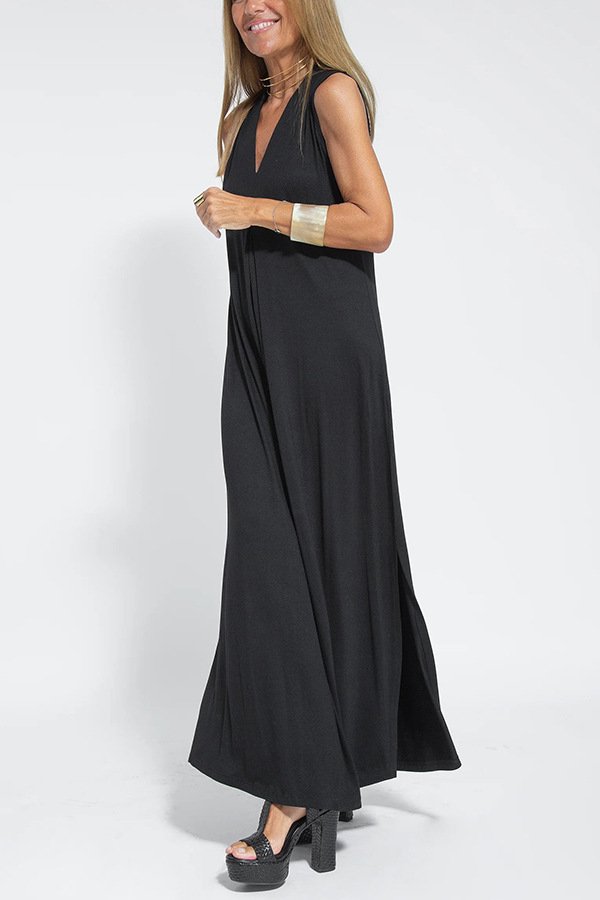 Women Plain Sleeveless Summer Split Joint Dress V Neck Daily Casual Maxi Fit & Flare Dress A-Line Dress