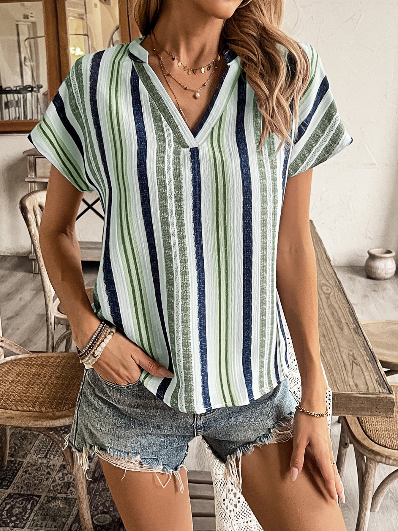 Women Striped Short Sleeve Tee T-shirt V Neck Printing Casual Summer Top