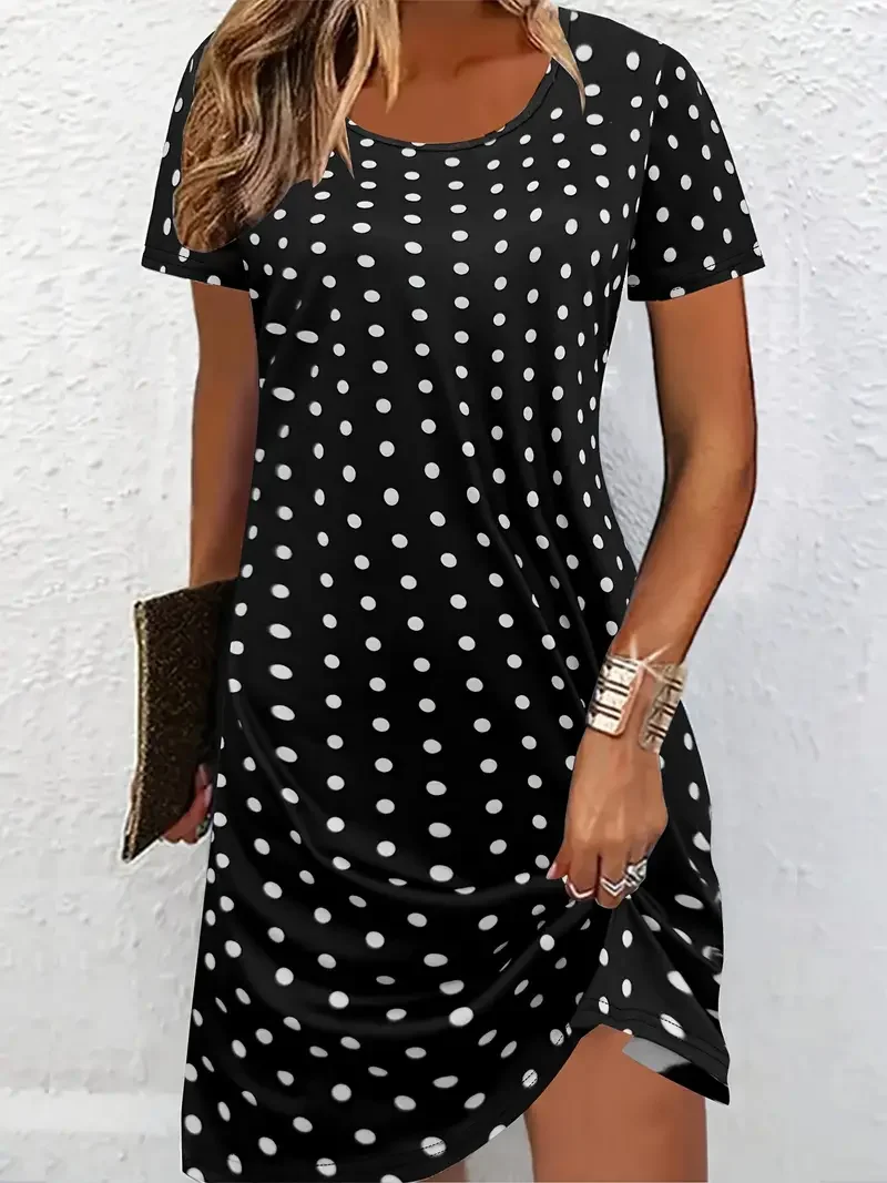 Women Polka Dots Short Sleeve Summer Printing Dress Crew Neck Daily Casual Mini Tunic H-Line Dress