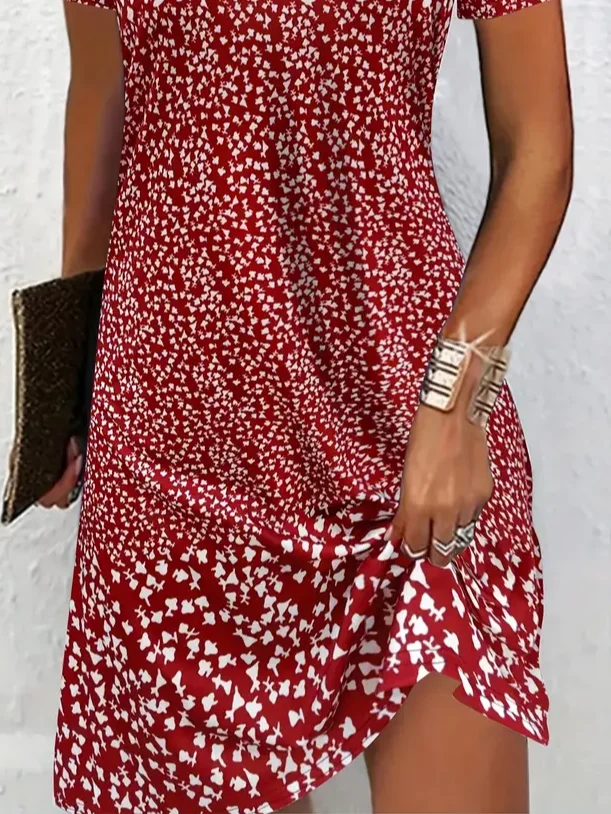 Women Ditsy Floral Short Sleeve Summer Printing Dress Crew Neck Daily Casual Mini Tunic H-Line Dress