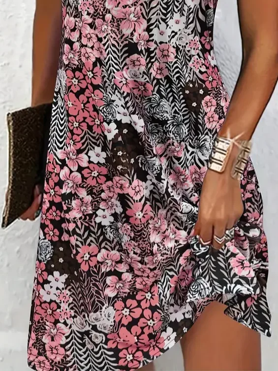 Women Floral Short Sleeve Summer Printing Dress Crew Neck Daily Casual Mini Tunic H-Line Dress