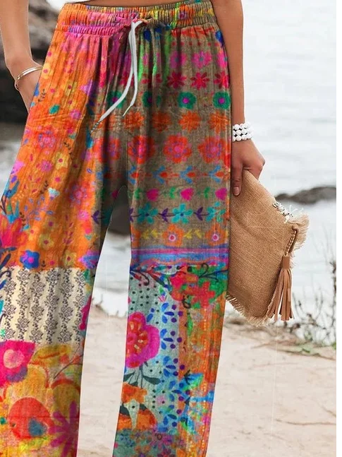 Women Floral Long Pants Vintage Spring/Fall Trousers