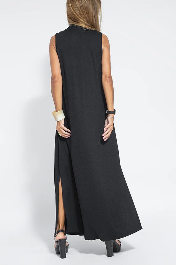 Women Plain Sleeveless Summer Split Joint Dress V Neck Daily Casual Maxi Fit & Flare Dress A-Line Dress