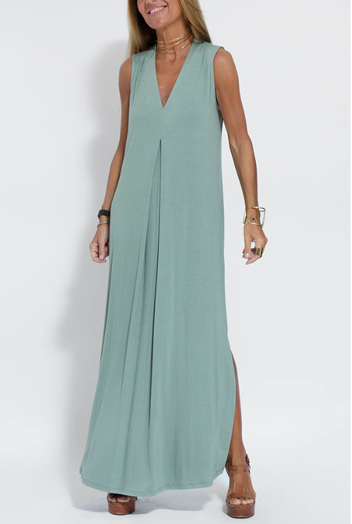 Women Plain Sleeveless Summer Split Joint Dress V Neck Daily Casual Maxi Fit & Flare Dress A-Line Dress