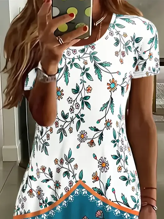 Women Floral Short Sleeve Summer Printing Dress Crew Neck Daily Casual Mini Tunic H-Line Dress