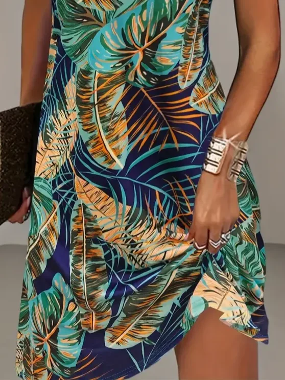 Women Leaf Short Sleeve Summer Printing Dress Crew Neck Daily Casual Mini Tunic H-Line Dress