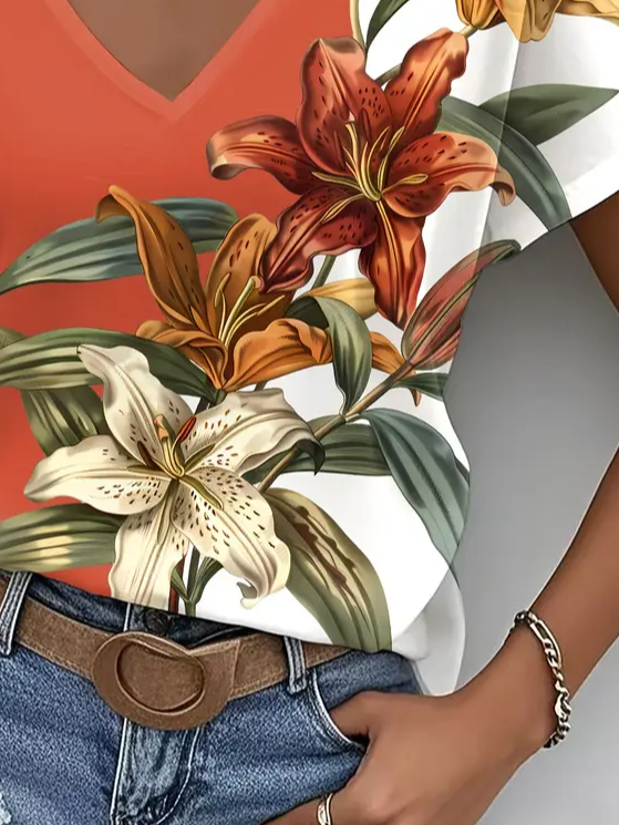 Women Floral Short Sleeve Tee T-shirt V Neck Printing Casual Summer Graphic Tee Top