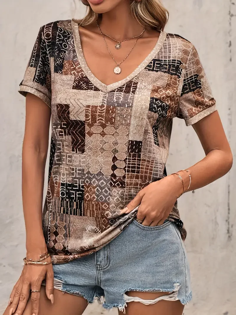 Women Geometric Short Sleeve Tee T-shirt V Neck Printing Casual Summer Graphic Tee Top