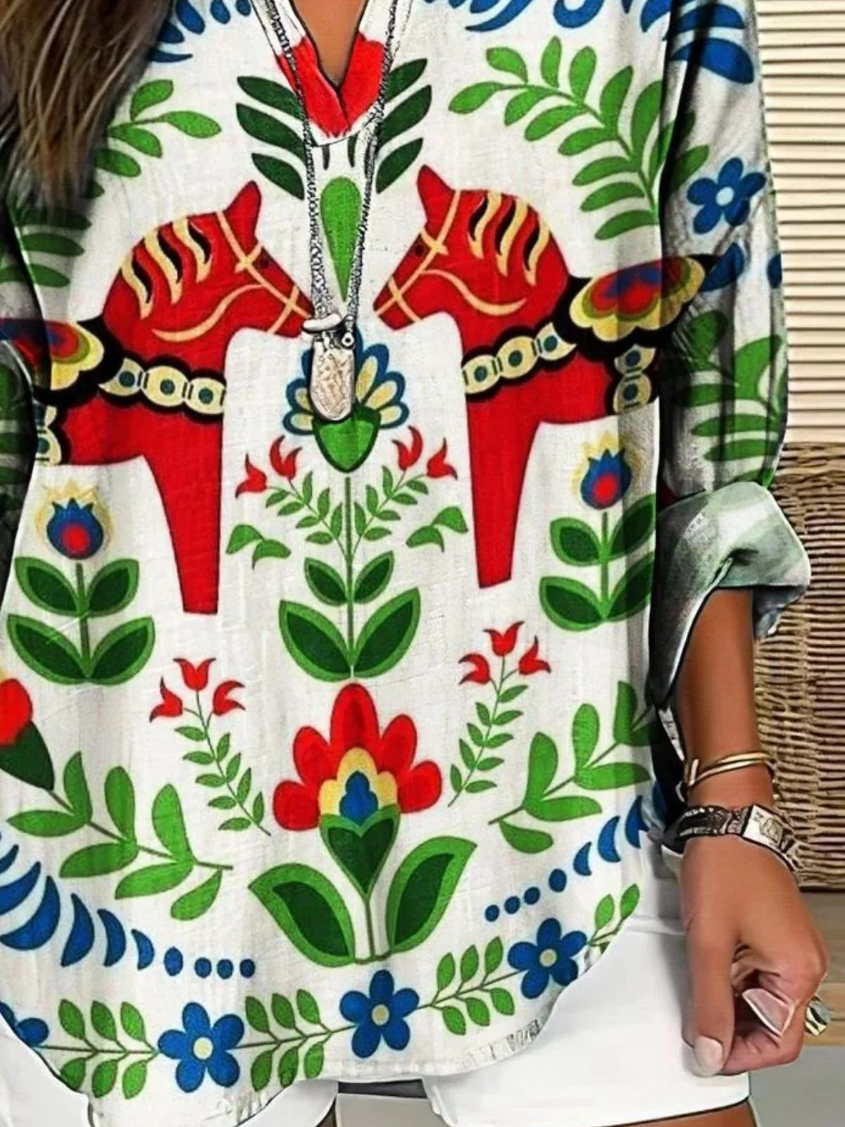 Women Floral Long Sleeve Blouse Spring/Fall Shawl Collar Daily Casual Top