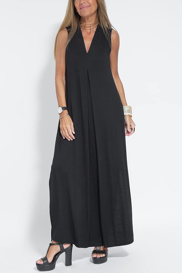 Women Plain Sleeveless Summer Split Joint Dress V Neck Daily Casual Maxi Fit & Flare Dress A-Line Dress
