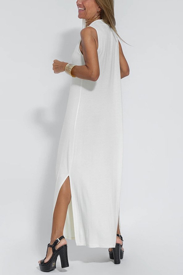 Women Plain Sleeveless Summer Split Joint Dress V Neck Daily Casual Maxi Fit & Flare Dress A-Line Dress
