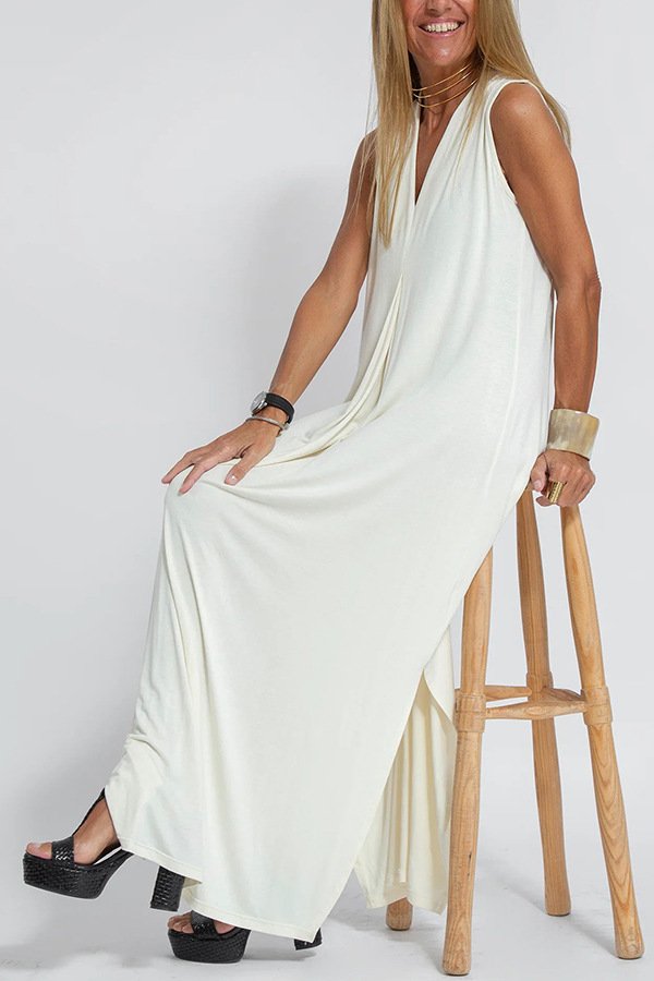 Women Plain Sleeveless Summer Split Joint Dress V Neck Daily Casual Maxi Fit & Flare Dress A-Line Dress