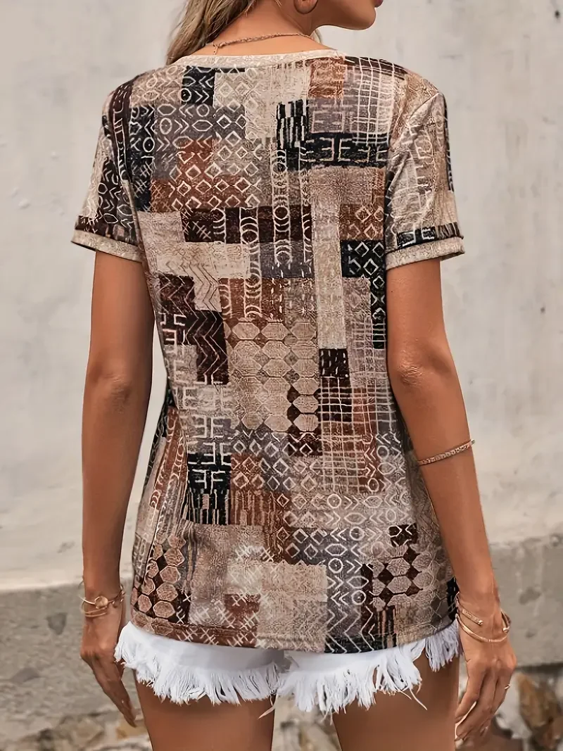 Women Geometric Short Sleeve Tee T-shirt V Neck Printing Casual Summer Graphic Tee Top