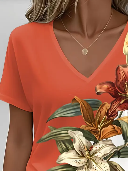 Women Floral Short Sleeve Tee T-shirt V Neck Printing Casual Summer Graphic Tee Top