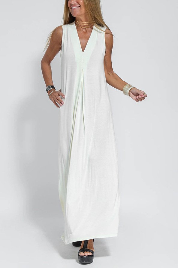 Women Plain Sleeveless Summer Split Joint Dress V Neck Daily Casual Maxi Fit & Flare Dress A-Line Dress