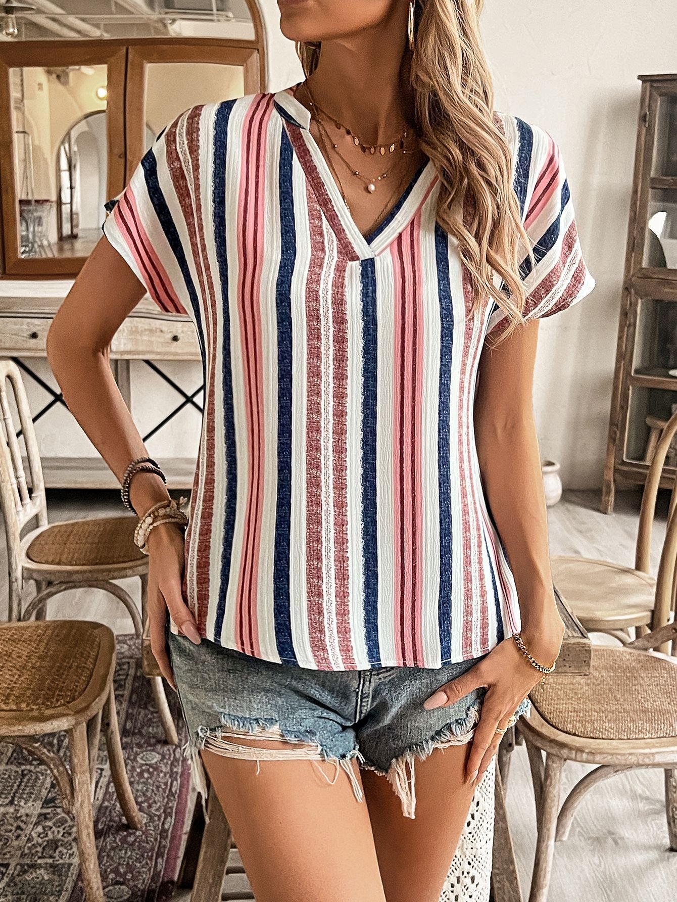 Women Striped Short Sleeve Tee T-shirt V Neck Printing Casual Summer Top