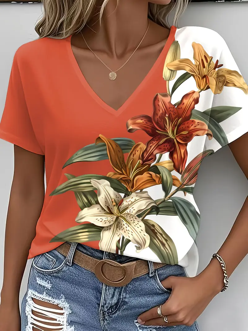 Women Floral Short Sleeve Tee T-shirt V Neck Printing Casual Summer Graphic Tee Top