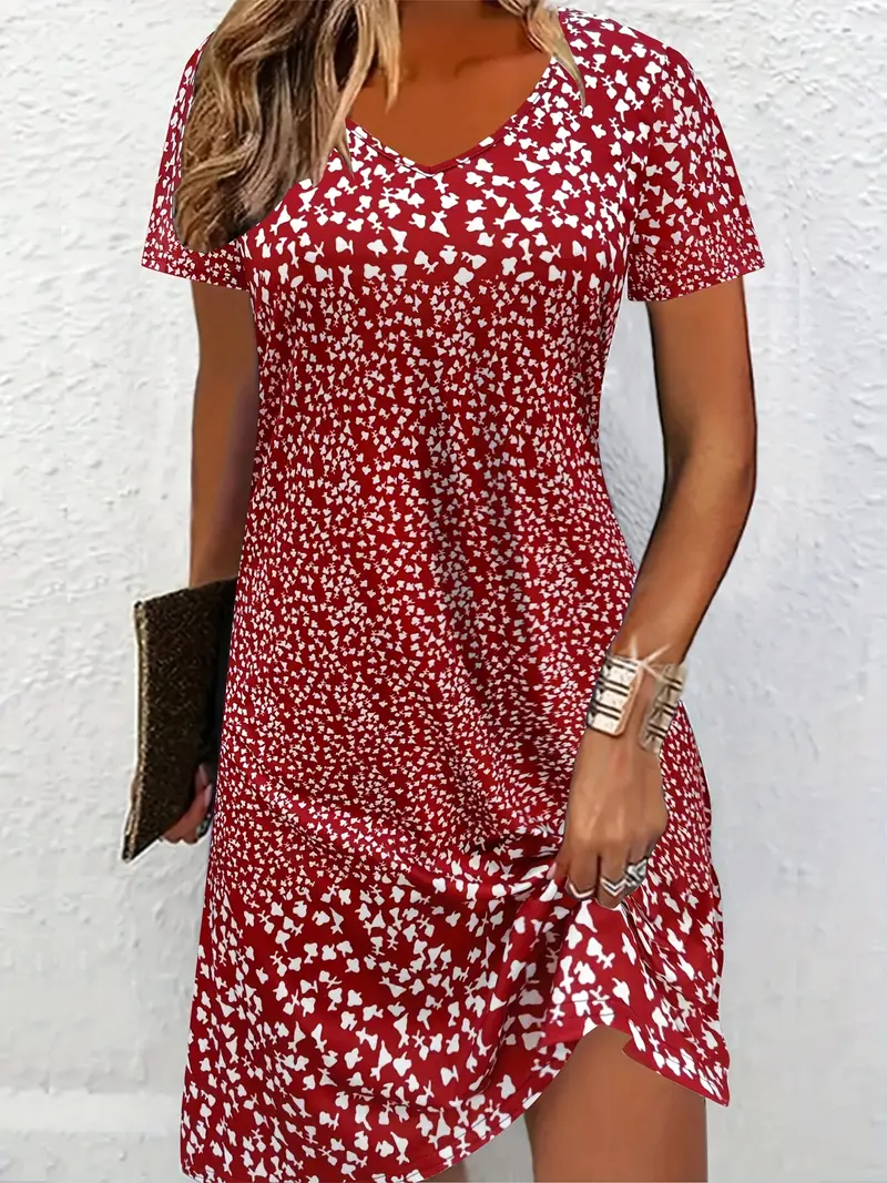 Women Ditsy Floral Short Sleeve Summer Printing Dress Crew Neck Daily Casual Mini Tunic H-Line Dress
