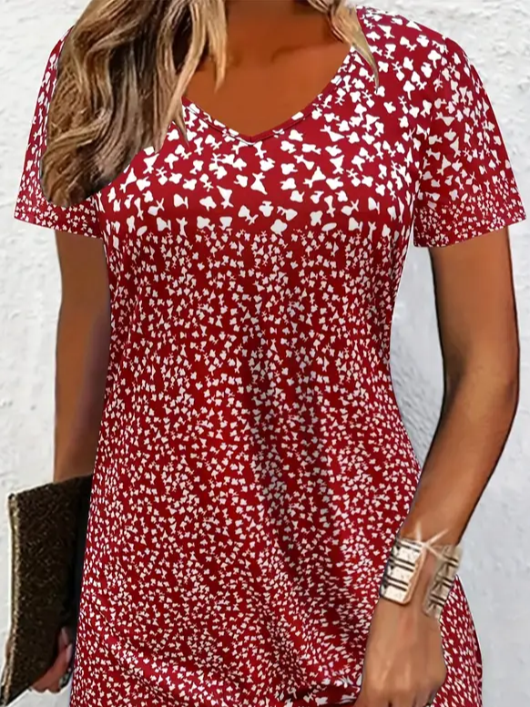 Women Ditsy Floral Short Sleeve Summer Printing Dress Crew Neck Daily Casual Mini Tunic H-Line Dress