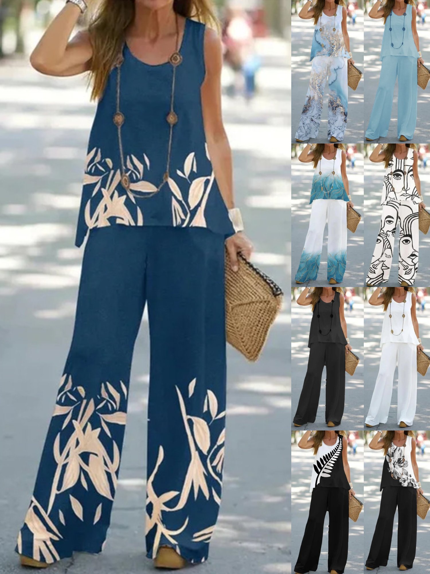 Women Geometric Two-Piece Set Daily Sleeveless Vintage Summer Top With Pants Matching Set