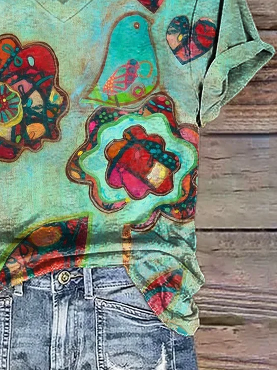 Women Floral Short Sleeve Tee T-shirt V Neck Printing Casual Summer Graphic Tee Top