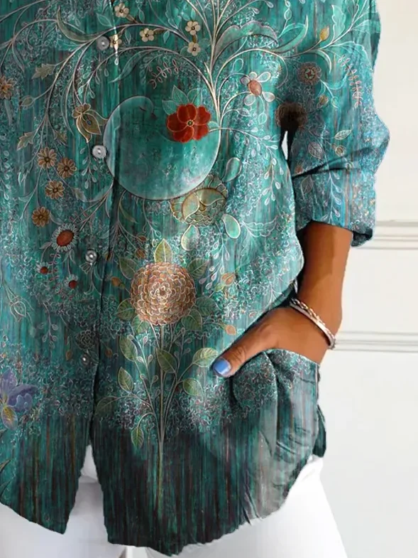 Women Floral Long Sleeve Shirt Spring/Fall Buckle Shirt Collar Daily Casual Top