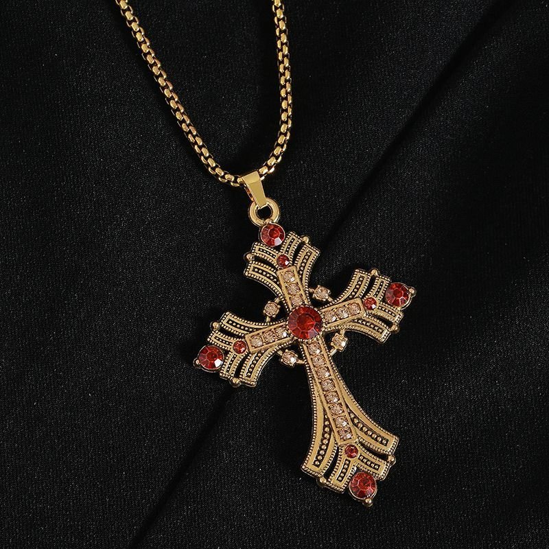 2025 New Retro Diamond Necklace Rhinestone Long Cross Pendant Sweater Chain Fashion Advanced Punk Necklace