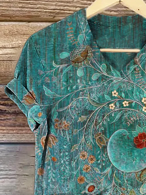 Women Floral Short Sleeve Tee T-shirt V Neck Printing Casual Summer Graphic Tee Top
