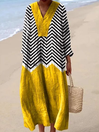 Women Striped Long Sleeve Spring/Fall Dress V Neck Daily Casual Maxi A-Line Dress
