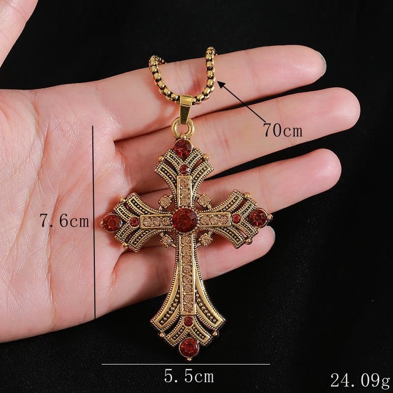 2025 New Retro Diamond Necklace Rhinestone Long Cross Pendant Sweater Chain Fashion Advanced Punk Necklace