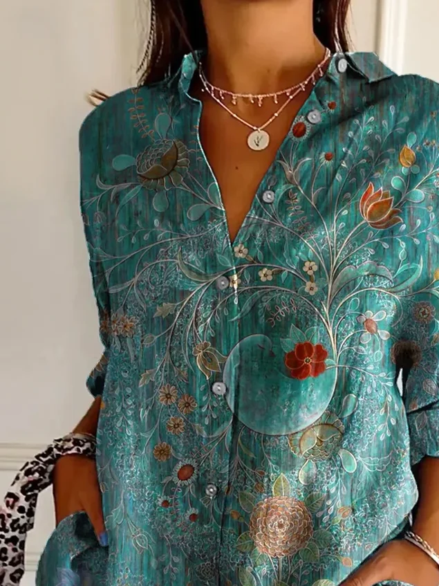 Women Floral Long Sleeve Shirt Spring/Fall Buckle Shirt Collar Daily Casual Top