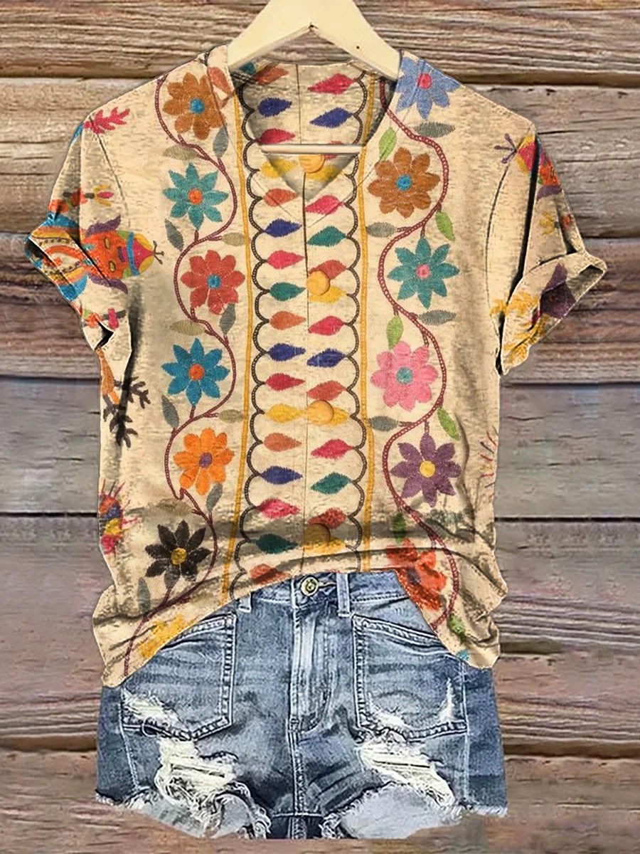 Women Floral Short Sleeve Tee T-shirt V Neck Printing Casual Summer Graphic Tee Top
