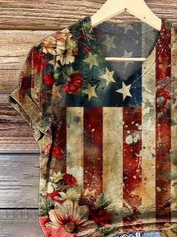 Women Floral Short Sleeve Tee T-shirt V Neck Printing Casual Summer Graphic Tee Top