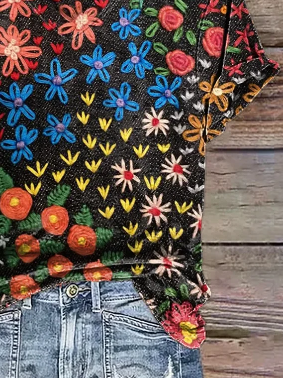 Women Floral Short Sleeve Tee T-shirt V Neck Printing Casual Summer Graphic Tee Top