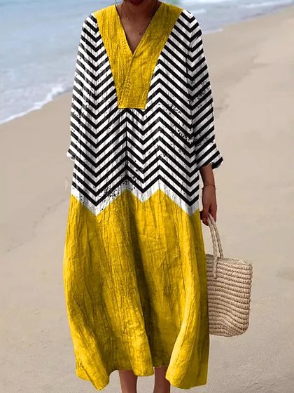 Women Striped Long Sleeve Spring/Fall Dress V Neck Daily Casual Maxi A-Line Dress