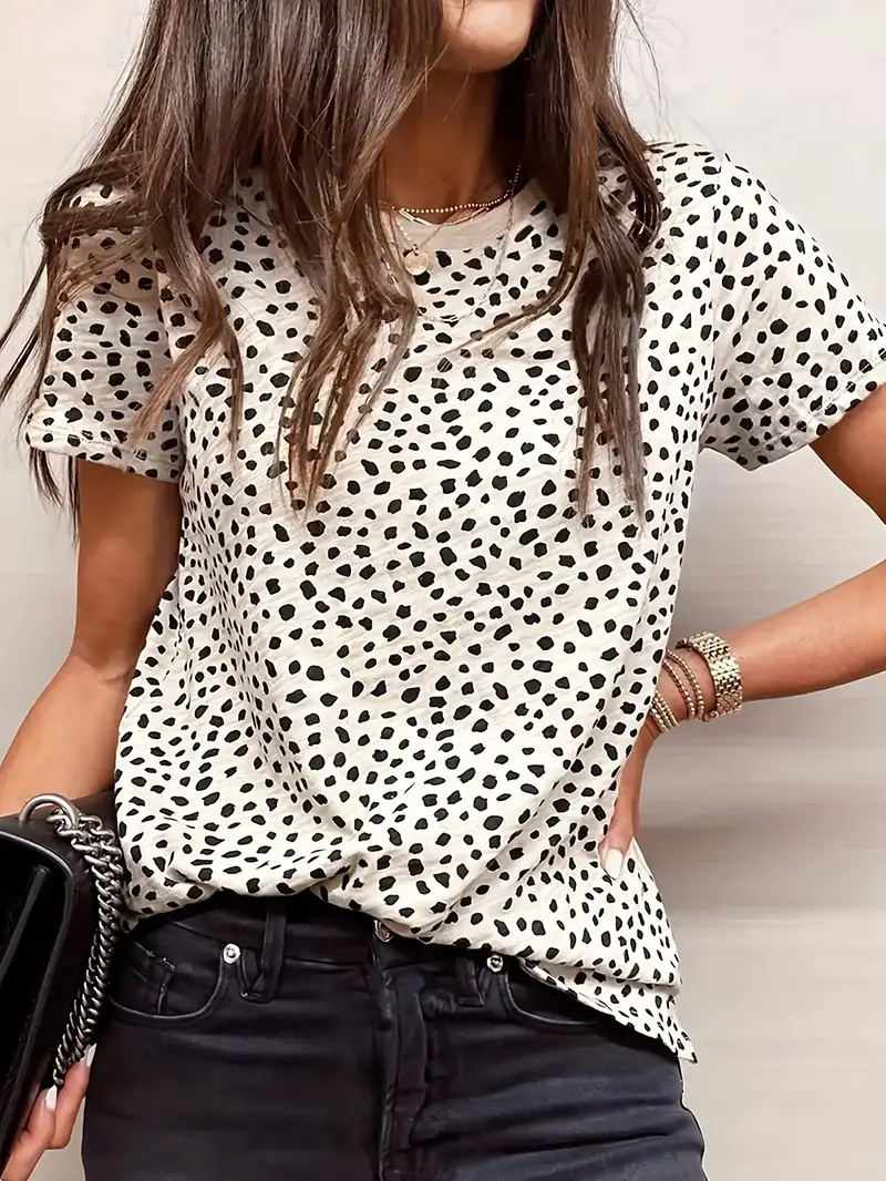 Women Polka Dots Short Sleeve Tee T-shirt Crew Neck Printing Casual Summer Graphic Tee Top