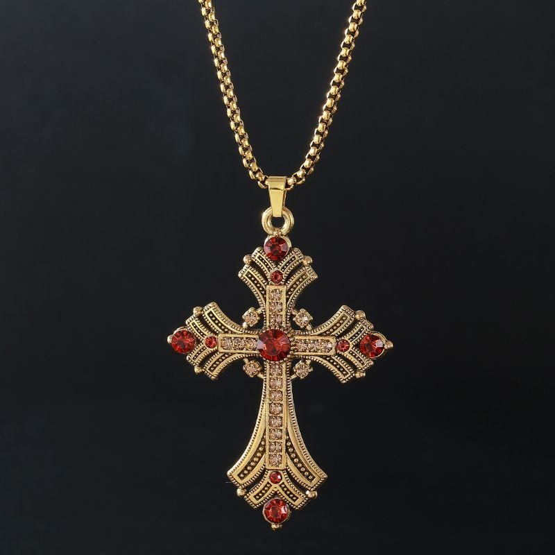 2025 New Retro Diamond Necklace Rhinestone Long Cross Pendant Sweater Chain Fashion Advanced Punk Necklace