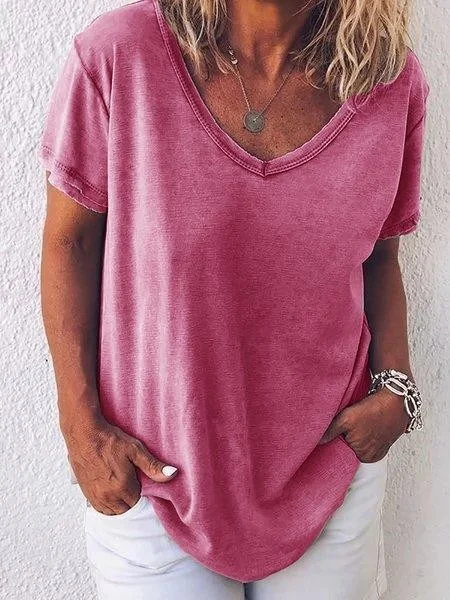 Women Plain Short Sleeve Tee T-shirt V Neck Printing Casual Summer Top